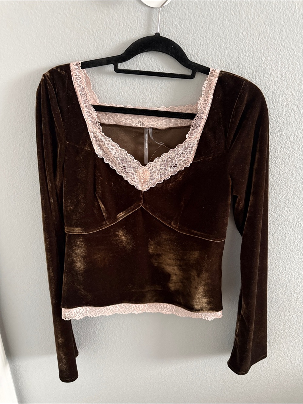 NWT Anthropologie Brown Velvet Top with Pink Lace Trim